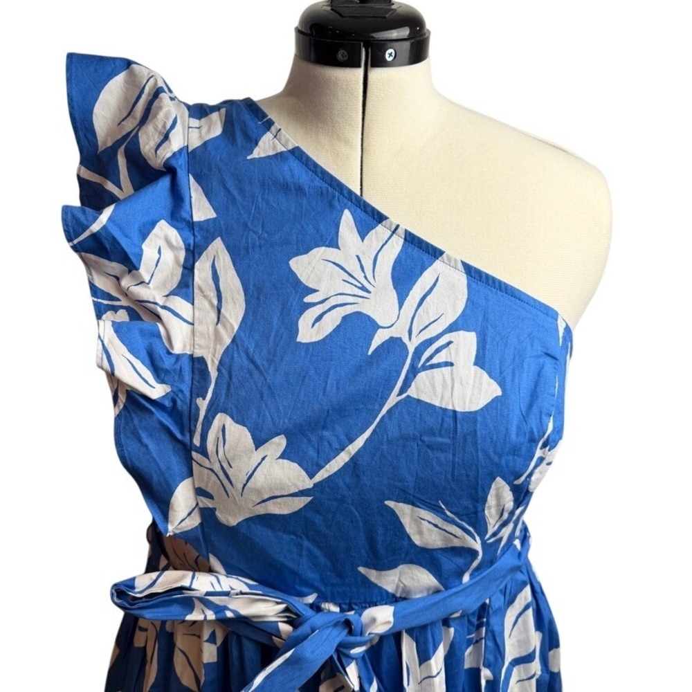 J.Crew One Shoulder Midi Dress 14 Ruffle Floral Blue White Tropical Belt Summer